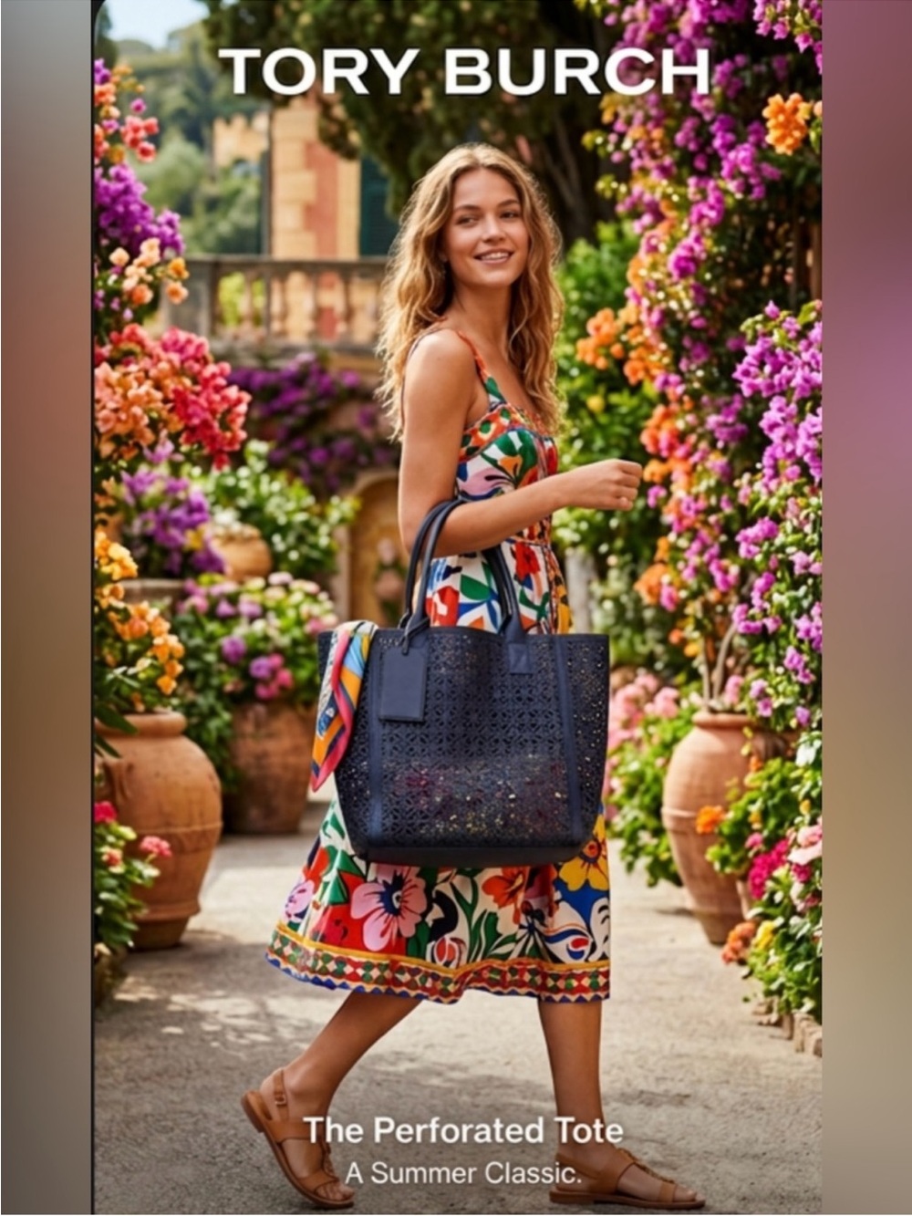 Like New ~ Tory Burch Navy Perforated Tote with Top Handles